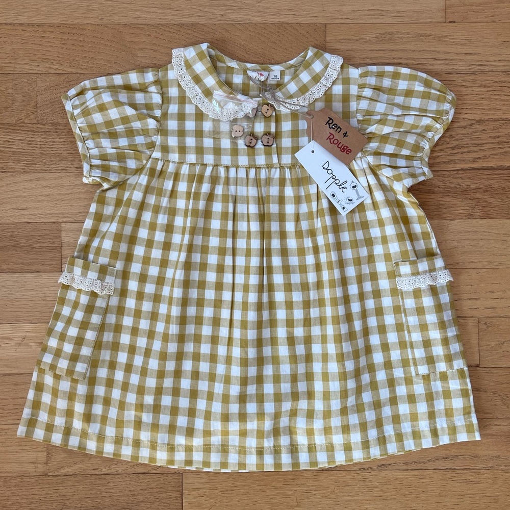 REN & ROUGE NWT Neutral Gingham Peter Pan Collar Apple Button Dress
